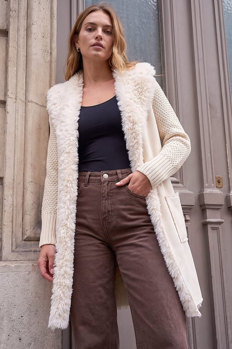 Longline Faux Shearling Knit Coatigan - Image 1