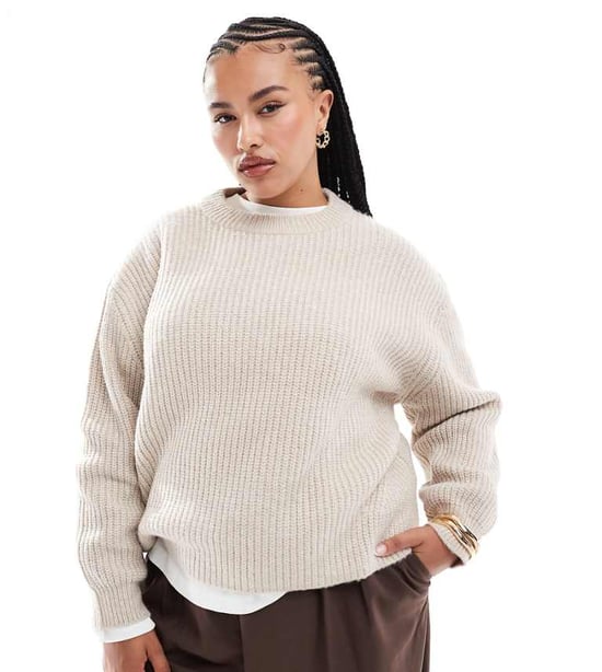 ASOS DESIGN Curve chunky crew neck rib jumper in oatmeal - Image 1