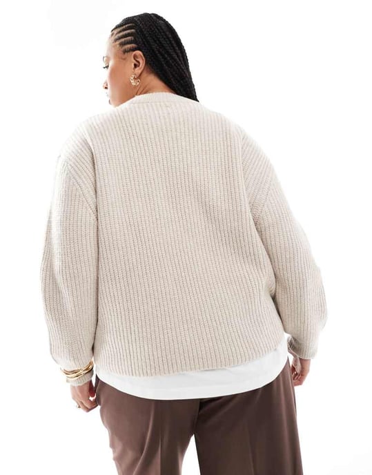 ASOS DESIGN Curve chunky crew neck rib jumper in oatmeal - Image 3