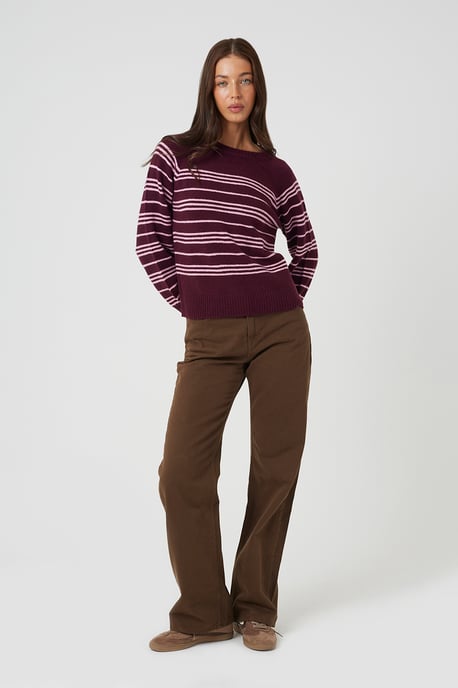 Burgundy Raglan Sleeve Stripe Jumper - Image 3