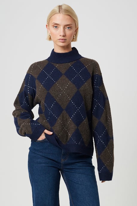 Navy Argyle Turtle Neck Jumper - Image 1
