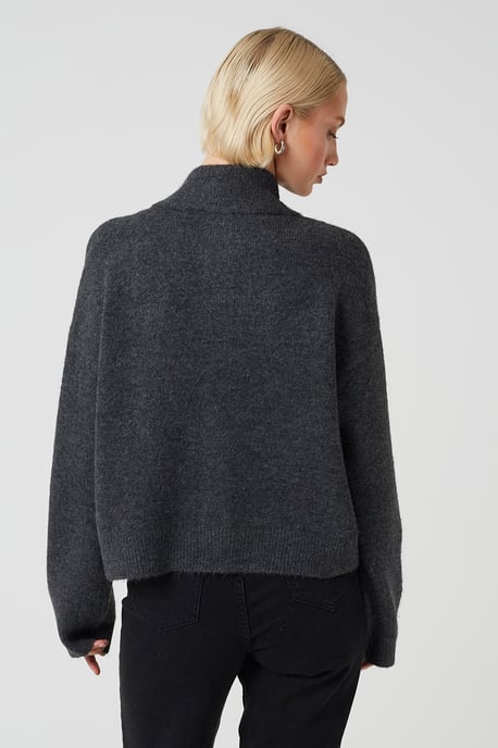 Charcoal Turtle Neck Knitted Bomber Style Jacket - Image 2