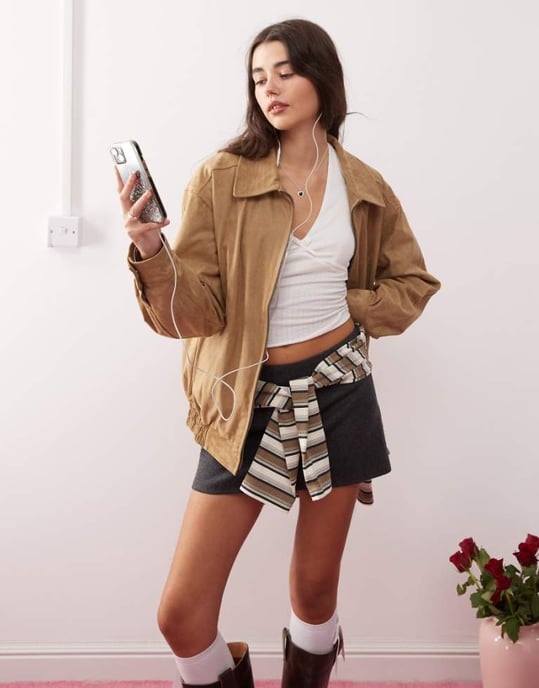 Motel cavita faux suede longline bomber jacket in tan - Image 1