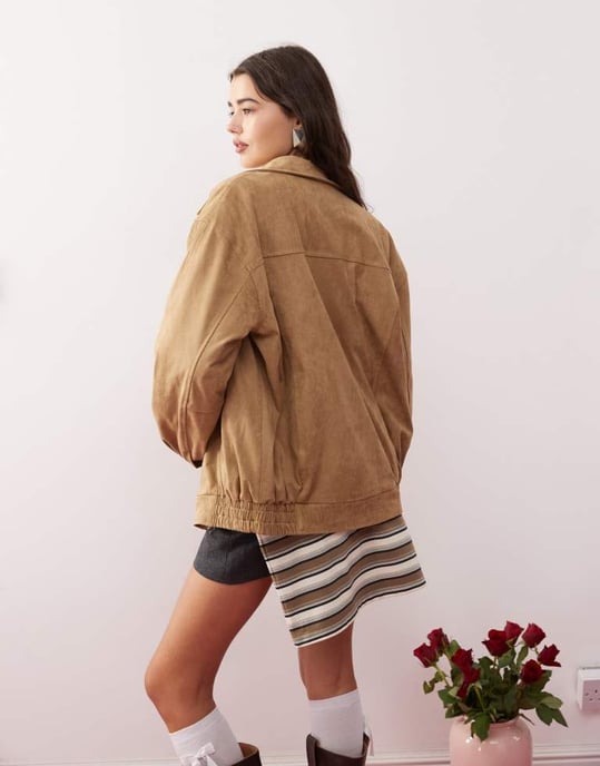 Motel cavita faux suede longline bomber jacket in tan - Image 3