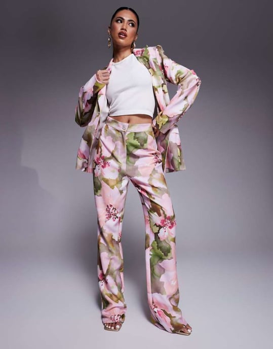 ASOS LUXE co-ord tailored suit trousers in pink floral print - Image 1