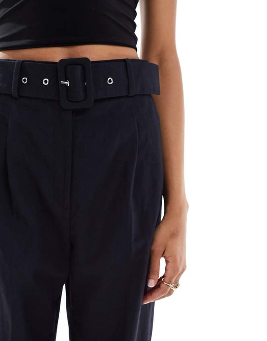ASOS DESIGN Tall tailored belted trouser with linen in black - Image 2