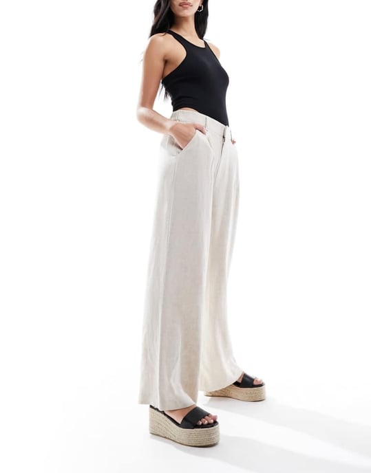 ASOS DESIGN wide leg dad trousers with linen in natural - Image 1
