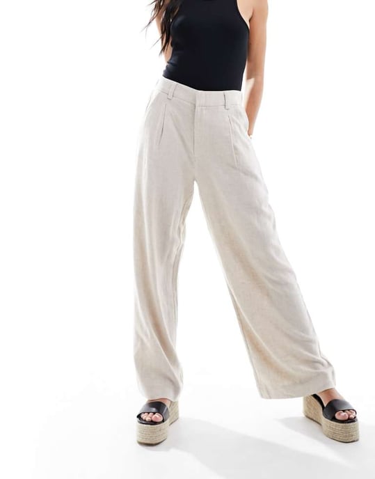 ASOS DESIGN wide leg dad trousers with linen in natural - Image 3