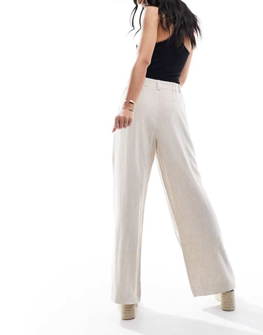 ASOS DESIGN wide leg dad trousers with linen in natural - Image 4