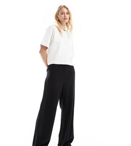 ASOS DESIGN Tall tailored high waist seam detail wide leg linen trousers in black - Image 1