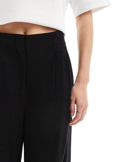 ASOS DESIGN Tall tailored high waist seam detail wide leg linen trousers in black - Image 2