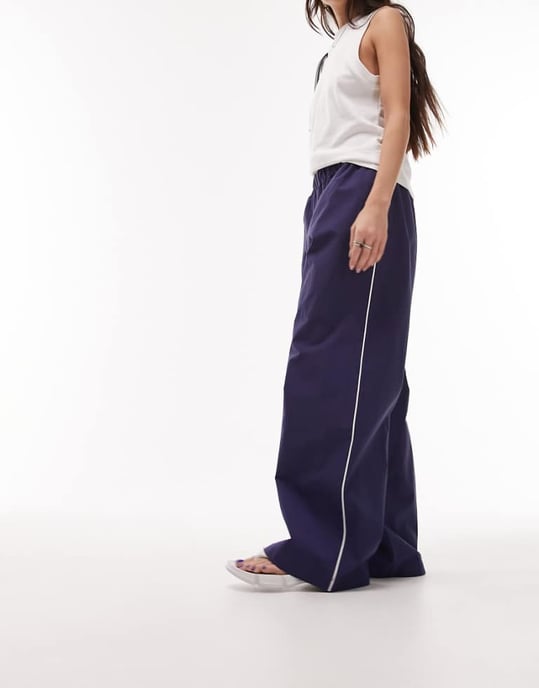 Topshop premium wide leg side pipe track pant in navy - Image 1