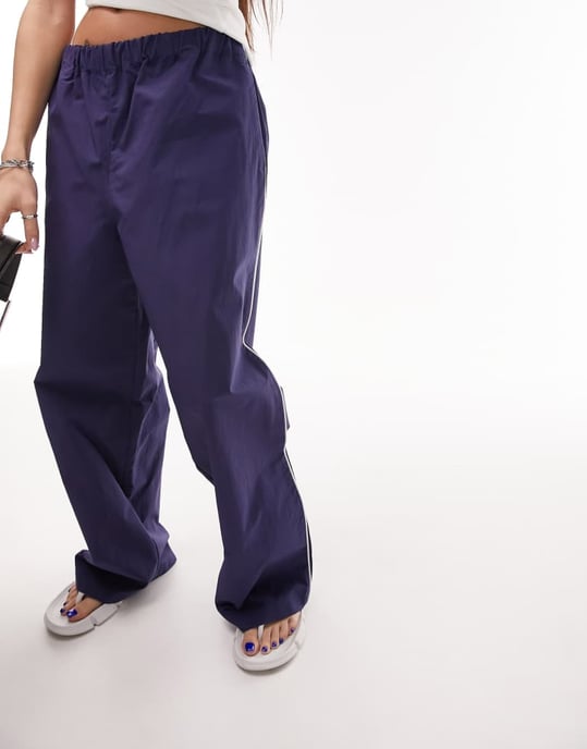 Topshop premium wide leg side pipe track pant in navy - Image 2