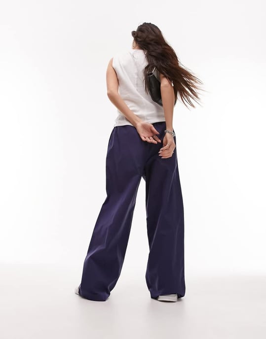 Topshop premium wide leg side pipe track pant in navy - Image 3