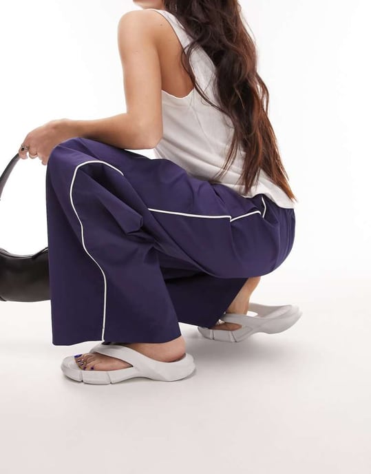 Topshop premium wide leg side pipe track pant in navy - Image 4