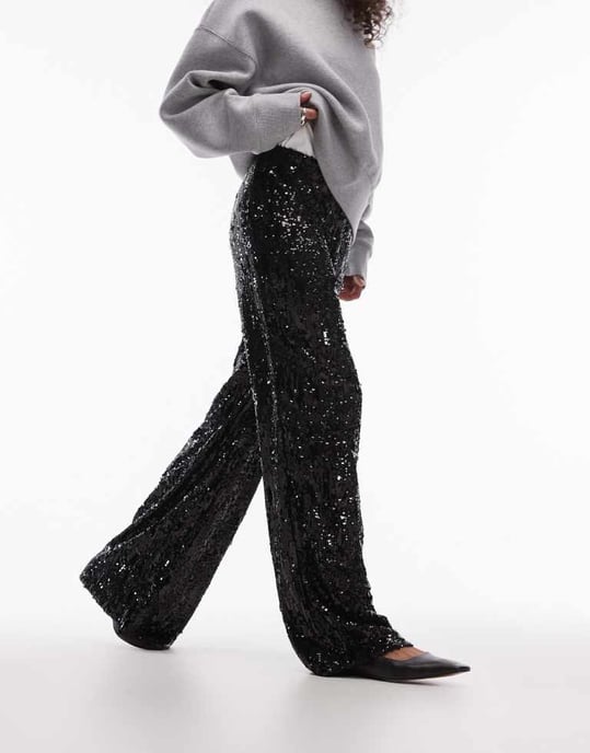 Topshop sequin wide leg trouser in black - Image 2