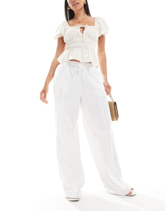 Pieces embroidered wide leg trousers in white - Image 1