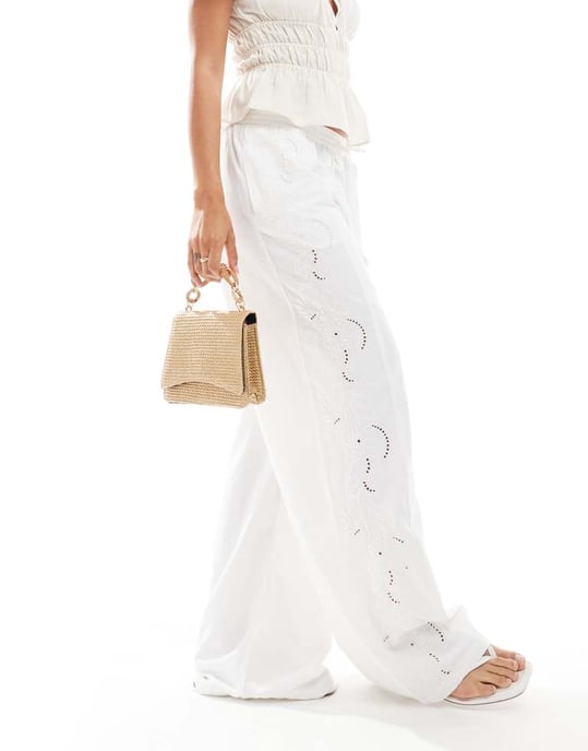 Pieces embroidered wide leg trousers in white - Image 2