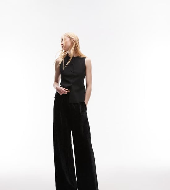 Topshop Tall crushed velvet wide leg trouser with skinny waistband in black - Image 1