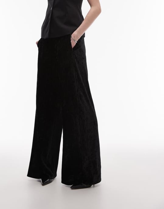 Topshop Tall crushed velvet wide leg trouser with skinny waistband in black - Image 2