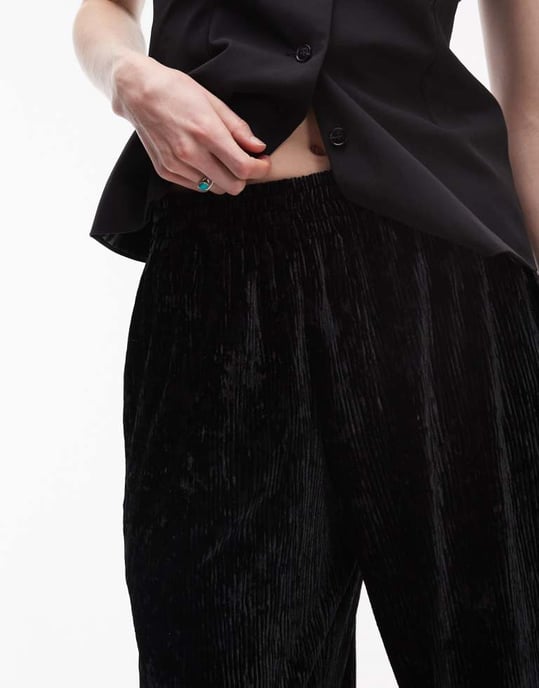 Topshop Tall crushed velvet wide leg trouser with skinny waistband in black - Image 4
