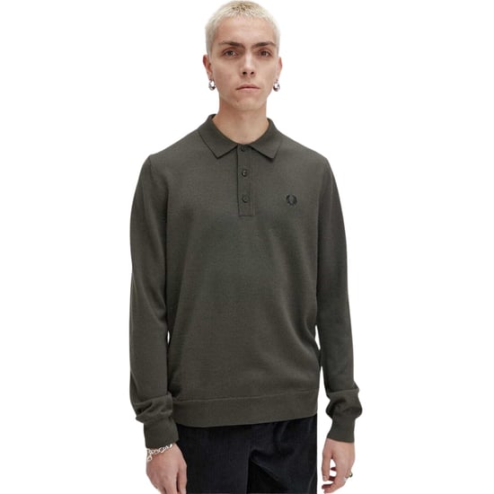 Fred Perry Plain Field Green Long Sleeve Knitted Polo - Image 2