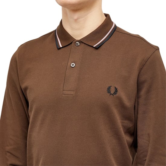 Fred Perry Zwarte Polo Met Dubbele Kraag En Lange Mouwen In De Kleur Burnt Tobacco - Image 4