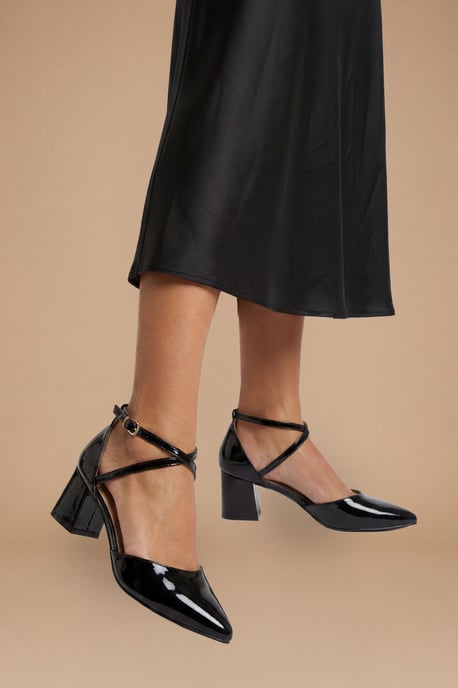 Good For The Sole: Wide Fit Millie Comfort Faux Patent Leather Cross Strap Medium Heel Court Shoes - Image 1
