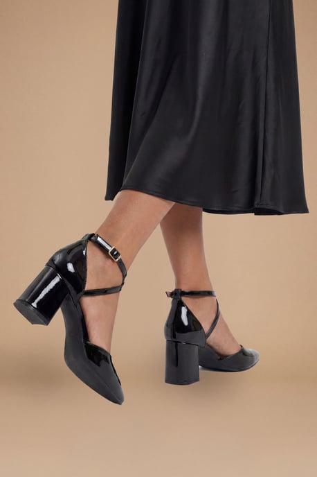 Good For The Sole: Wide Fit Millie Comfort Faux Patent Leather Cross Strap Medium Heel Court Shoes - Image 2