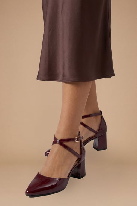 Good For The Sole: Wide Fit Millie Comfort Faux Patent Leather Cross Strap Medium Heel Court Shoes - Image 1