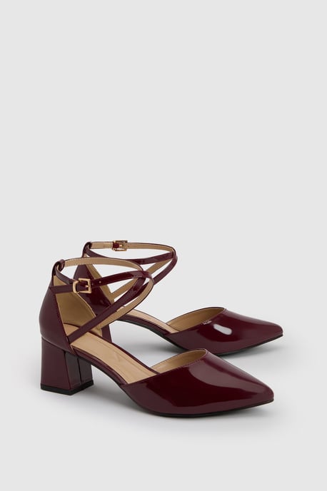 Good For The Sole: Wide Fit Millie Comfort Faux Patent Leather Cross Strap Medium Heel Court Shoes - Image 3