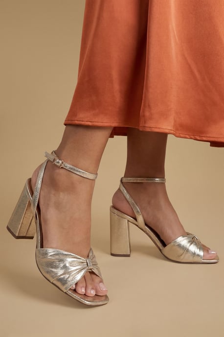 Midyim Metallic Textile Ruched Front High Heel Block Heel Sandals - Image 1