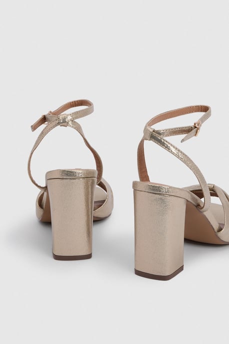 Midyim Metallic Textile Ruched Front High Heel Block Heel Sandals - Image 4