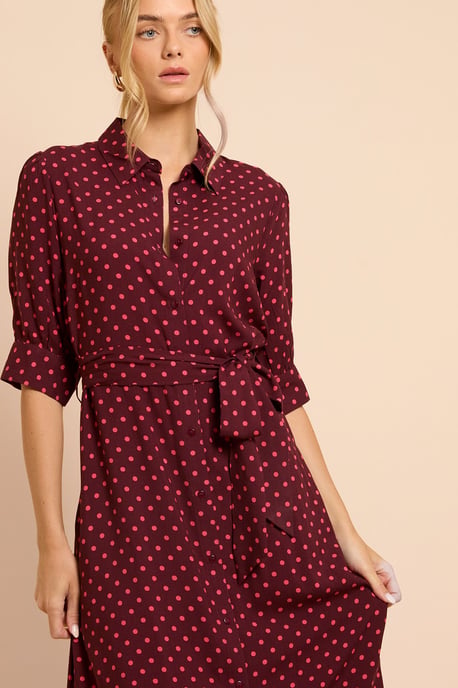 Berry Spot Petite Puff Sleeve Midi Shirt Dress - Image 2