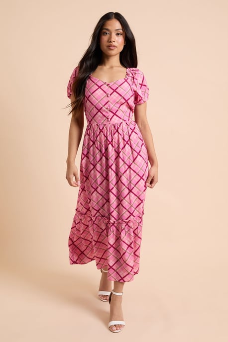 Petite Pink Check Button Front Frill Puff Sleeve Midi Dress - Image 1