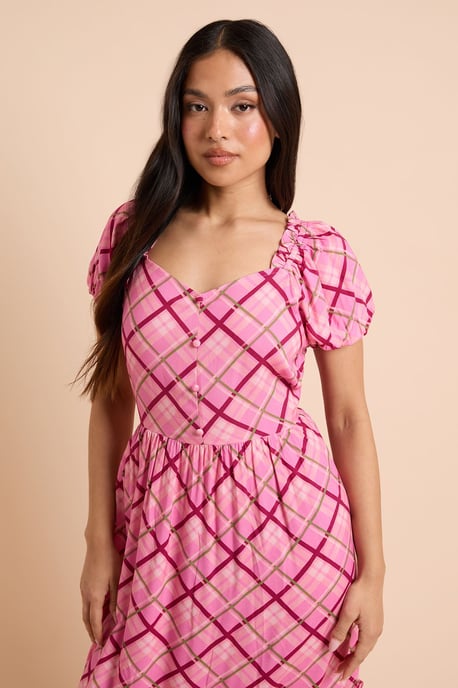 Petite Pink Check Button Front Frill Puff Sleeve Midi Dress - Image 2