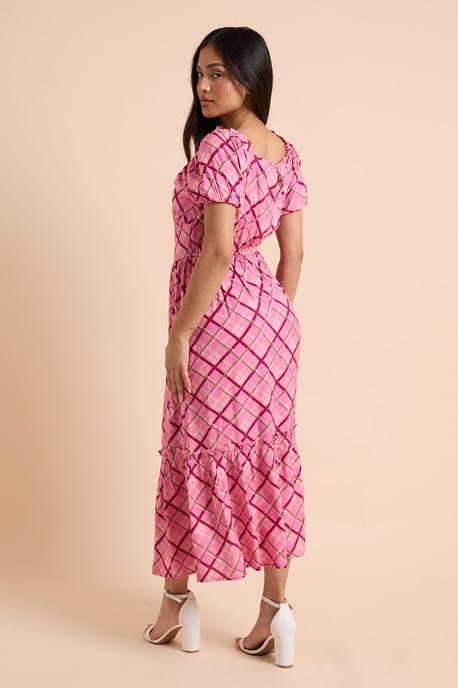 Petite Pink Check Button Front Frill Puff Sleeve Midi Dress - Image 3