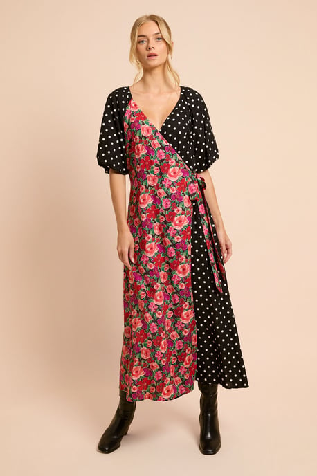 Floral Spot Puff Sleeve Print Mix Wrap Midi Dress - Image 1