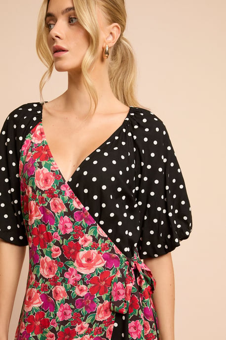 Floral Spot Puff Sleeve Print Mix Wrap Midi Dress - Image 2