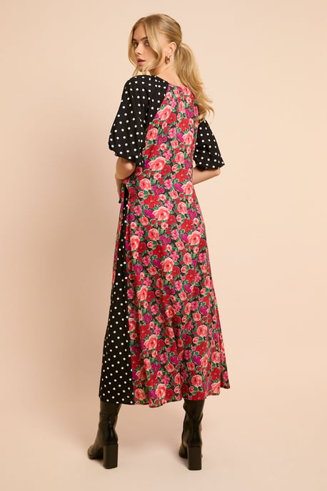 Floral Spot Puff Sleeve Print Mix Wrap Midi Dress - Image 3