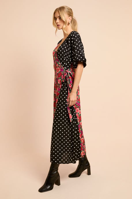 Floral Spot Puff Sleeve Print Mix Wrap Midi Dress - Image 4