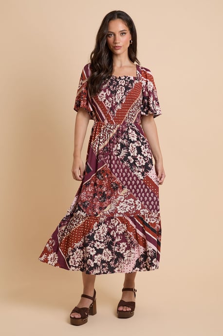 Patchwork Shirred Bodice Flutter Sleeve Midi Dress - Image 1