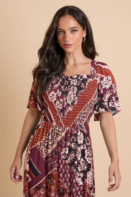 Patchwork Shirred Bodice Flutter Sleeve Midi Dress - Image 2
