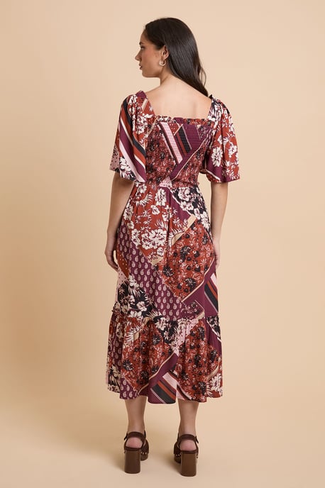 Patchwork Shirred Bodice Flutter Sleeve Midi Dress - Image 3