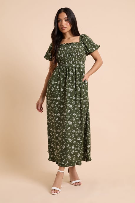 Petite Green Floral Shirred Bodice Trim Detail Midaxi Dress - Image 1