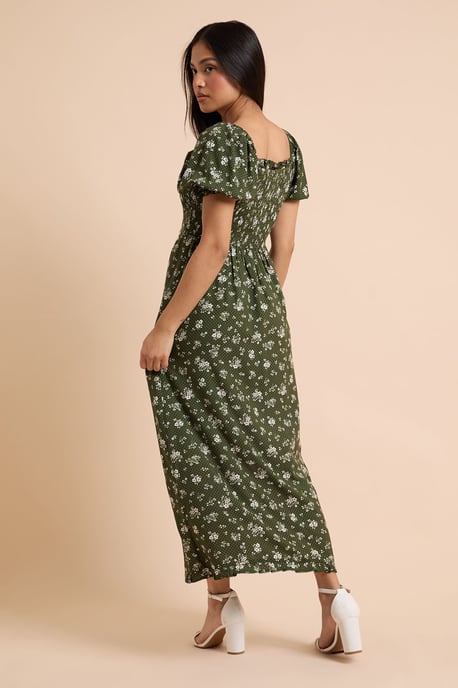 Petite Green Floral Shirred Bodice Trim Detail Midaxi Dress - Image 3