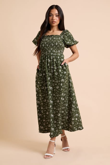 Petite Green Floral Shirred Bodice Trim Detail Midaxi Dress - Image 4