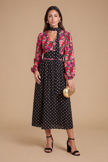 Petite Print Mix Long Sleeve Tie Detail Maxi Dress - Image 1