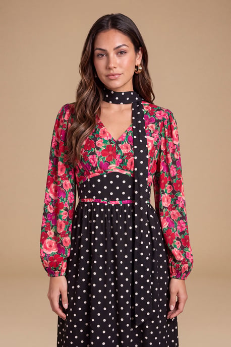 Petite Print Mix Long Sleeve Tie Detail Maxi Dress - Image 4
