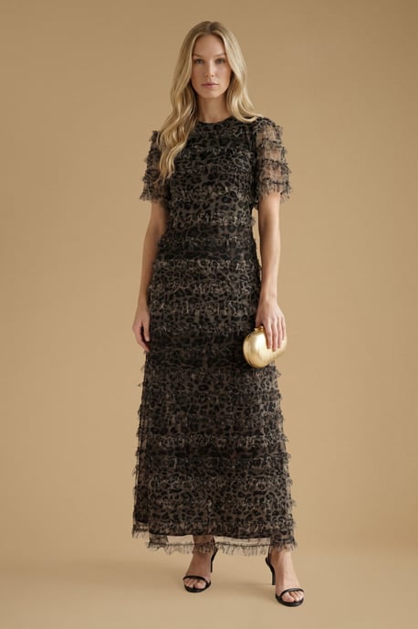 Leopard Print Ruffle Mesh Maxi Dress - Image 1